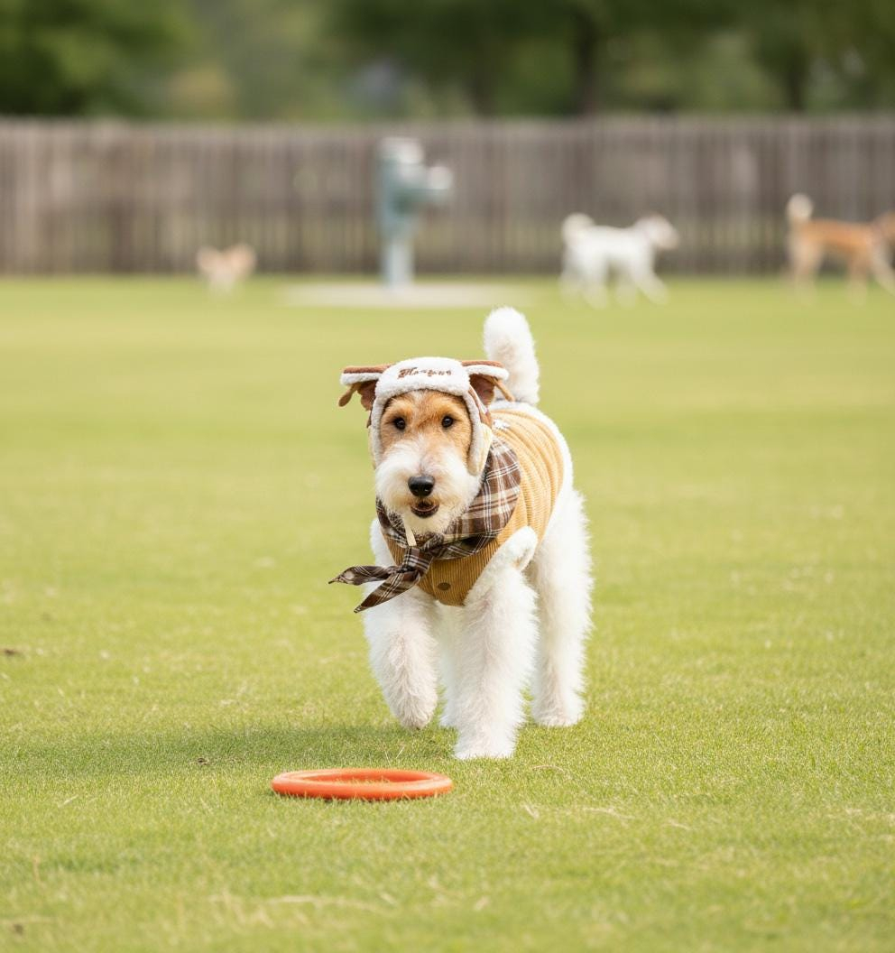 Brown Knit Pet Outfit with Plaid Scarf and Ear Hat